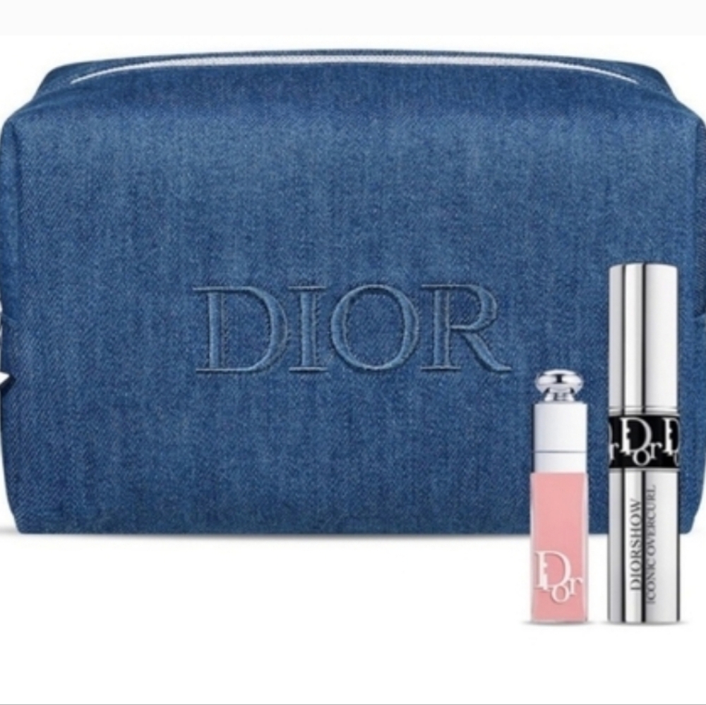 New Dior Blue Denim Cosmetic Bag with Soft Pink Lip Gloss & Black Mascara